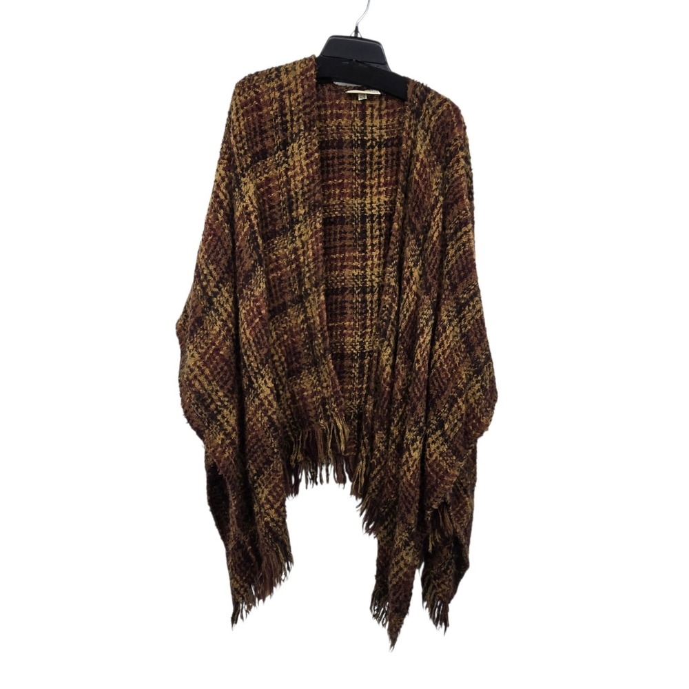 Vintage BOYNE VALLEY Weavers Ireland OS Wool Blend Woven Plaid Poncho Wrap Brown